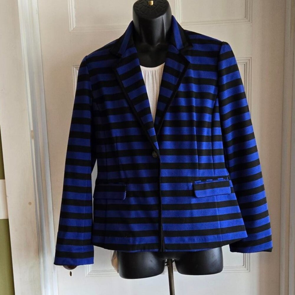 Ellen Tracy Company Size Medium Blue Funky Black Breton Stripe Blazer Jacket